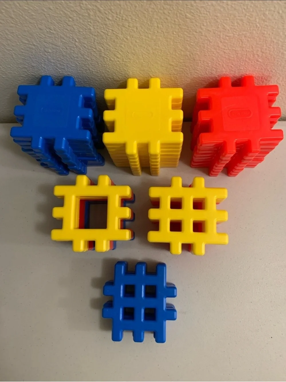 Vintage Little Tikes Wee Waffle Blocks Large 39 Piece Lot 4”X 4” Red Blue Yellow
